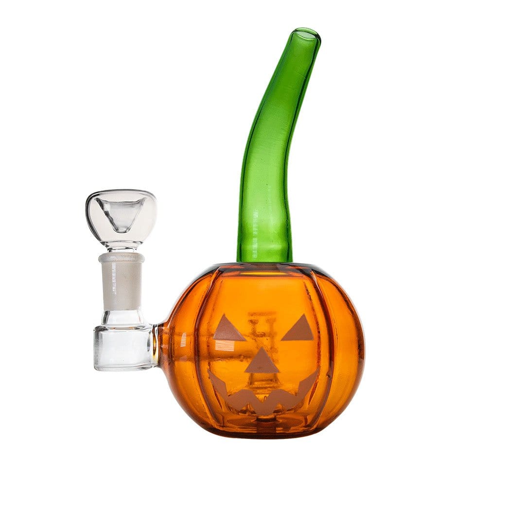 Front view of the Jack-The-Ripper Bong, a green and clear glass water pipe with a unique curved neck design.