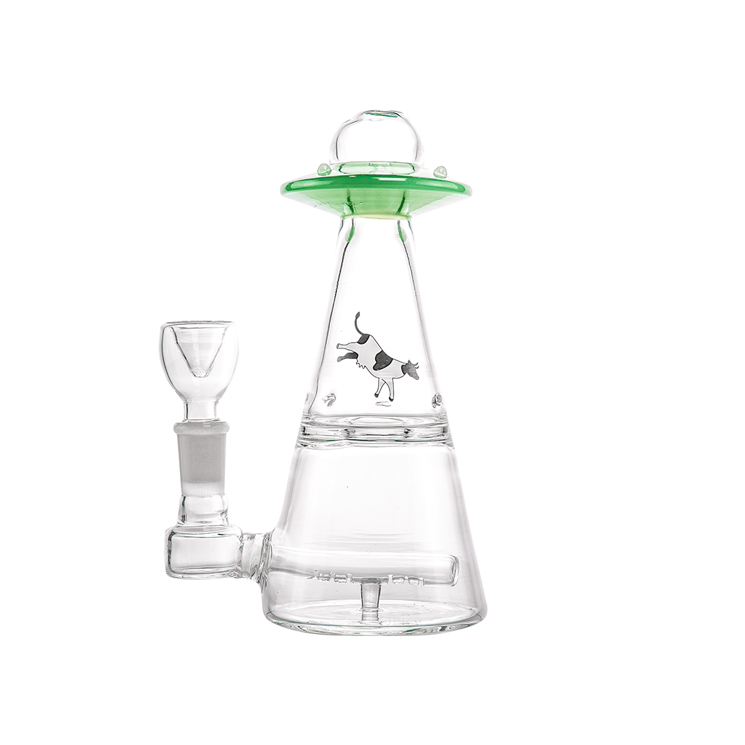 A three-quarter view of the UFO Vortex Rig, a clear glass rig featuring a unique, rounded shape and visible joint.