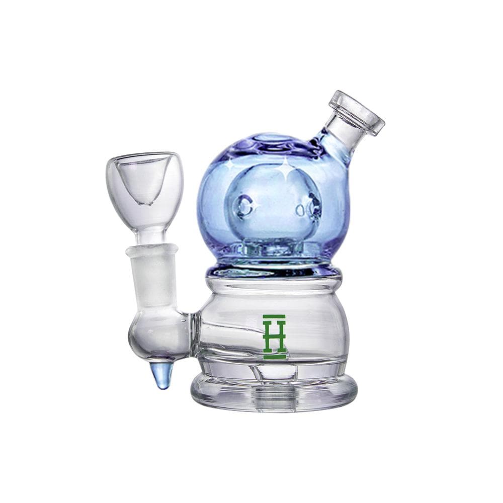 Front view of the Hemper Crystal Ball Rig, a clear glass water pipe with a rounded base and angled mouthpiece.