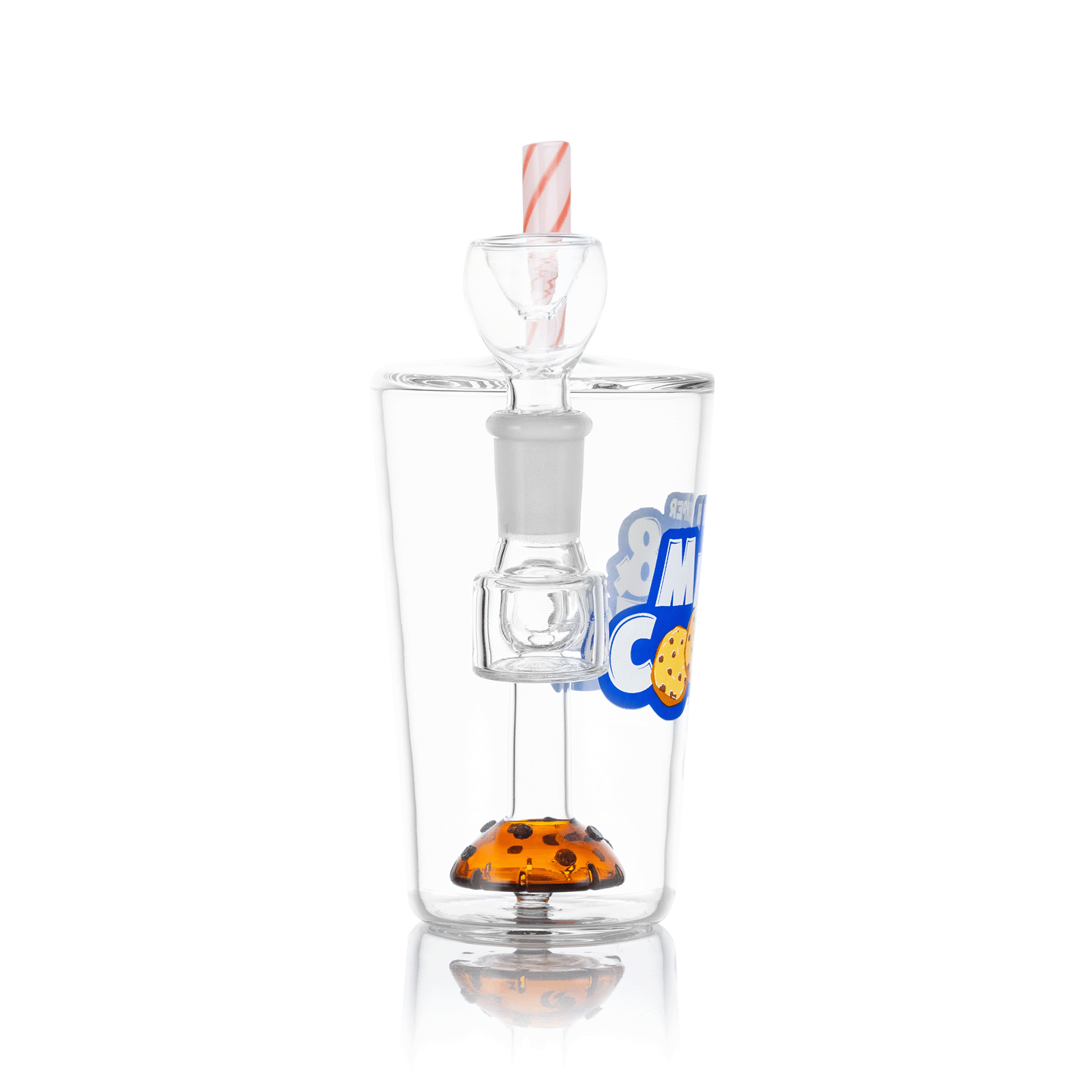 A front view of the Milk and Cookies Bong 6”, showcasing its clear glass construction and unique design elements.