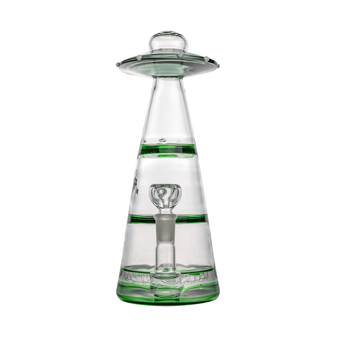 Centered front view of the Mothership XL Bong, a clear glass cone with green accent rings and a saucer-shaped top against a white background