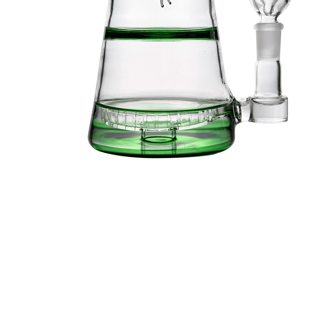 Close-up front view of the Smoke Mothership XL Bong showing its flared clear glass base with green accents and internal percolator.