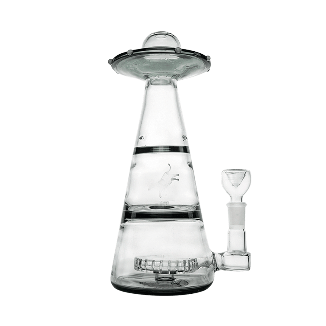Front view of the clear Mothership XL Bong with a flared UFO-style top, conical body, and side joint visible.
