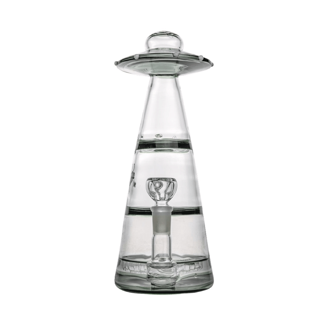 Centered front view of the clear Mothership XL Bong shaped like a tapered UFO tower with a saucer top and visible bowl and downstem.