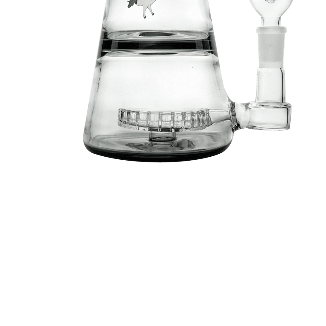 Close-up front view of the clear Mothership XL Bong showing its beaker base, internal percolator ring, and right-side joint against a plain background