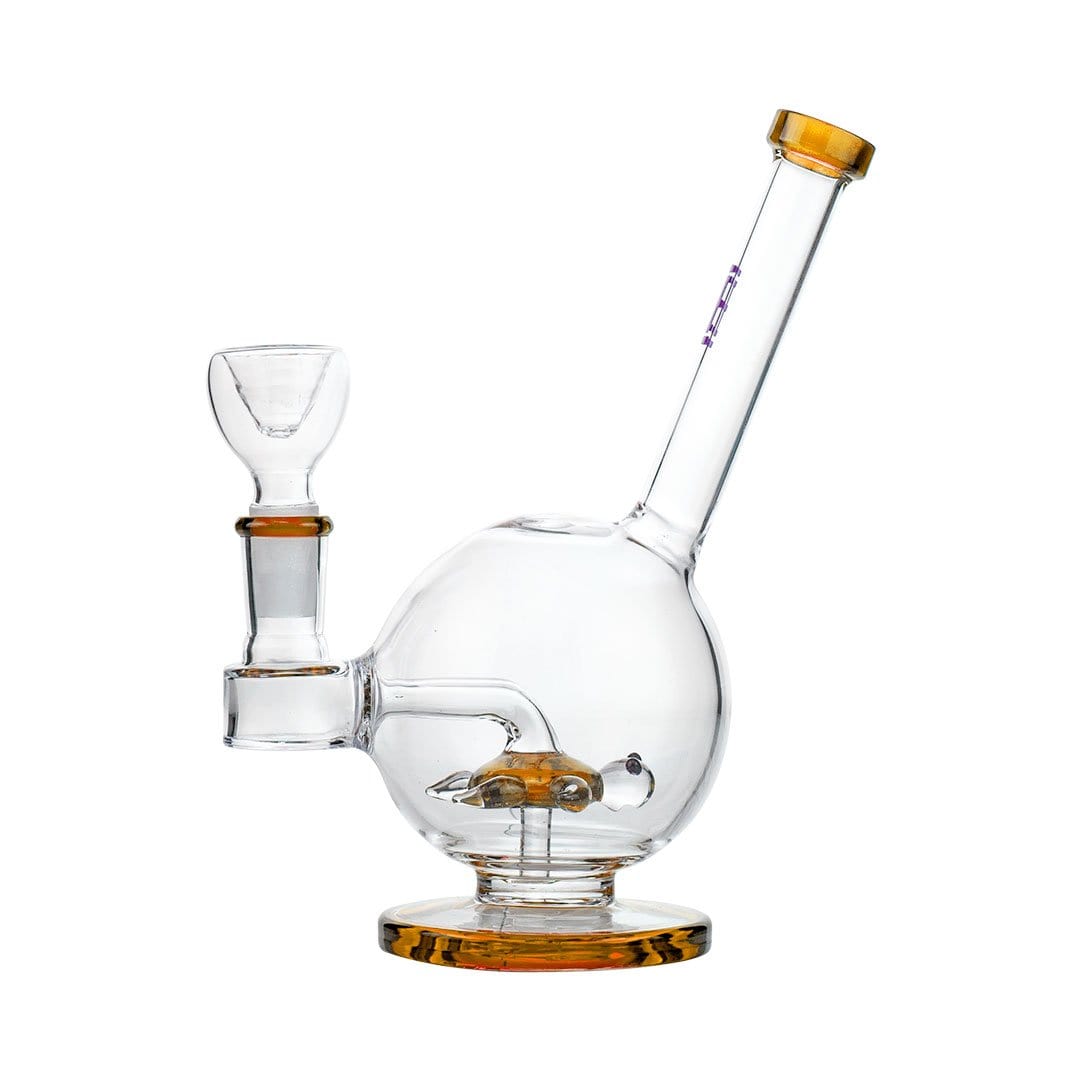 Front view of the Sea Turtle Bong, a clear glass water pipe with a rounded base and intricate detailing.
