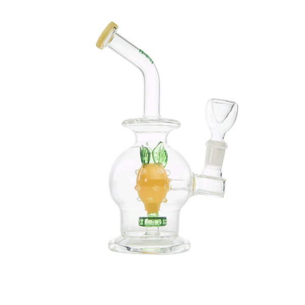 Front view of the Pineapple Rig V2| a clear glass rig shaped like a pineapple with a curved neck.