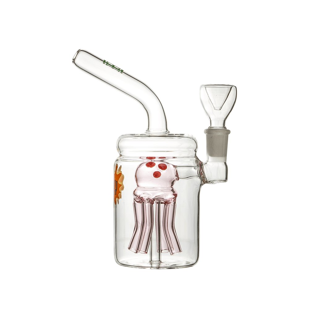 A front view of the Hemper Jellyfish Jar Bong shows a clear glass bong with a jellyfish-shaped centerpiece.