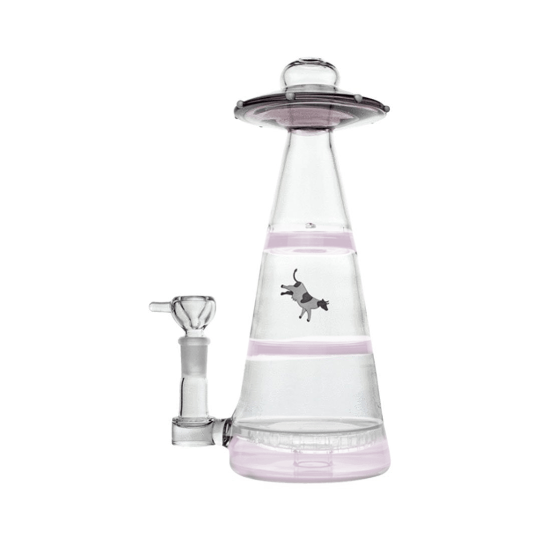 Front-facing Mothership XL Bong shown in clear glass with pale pink rings and a small alien-tractor beam UFO shape top.