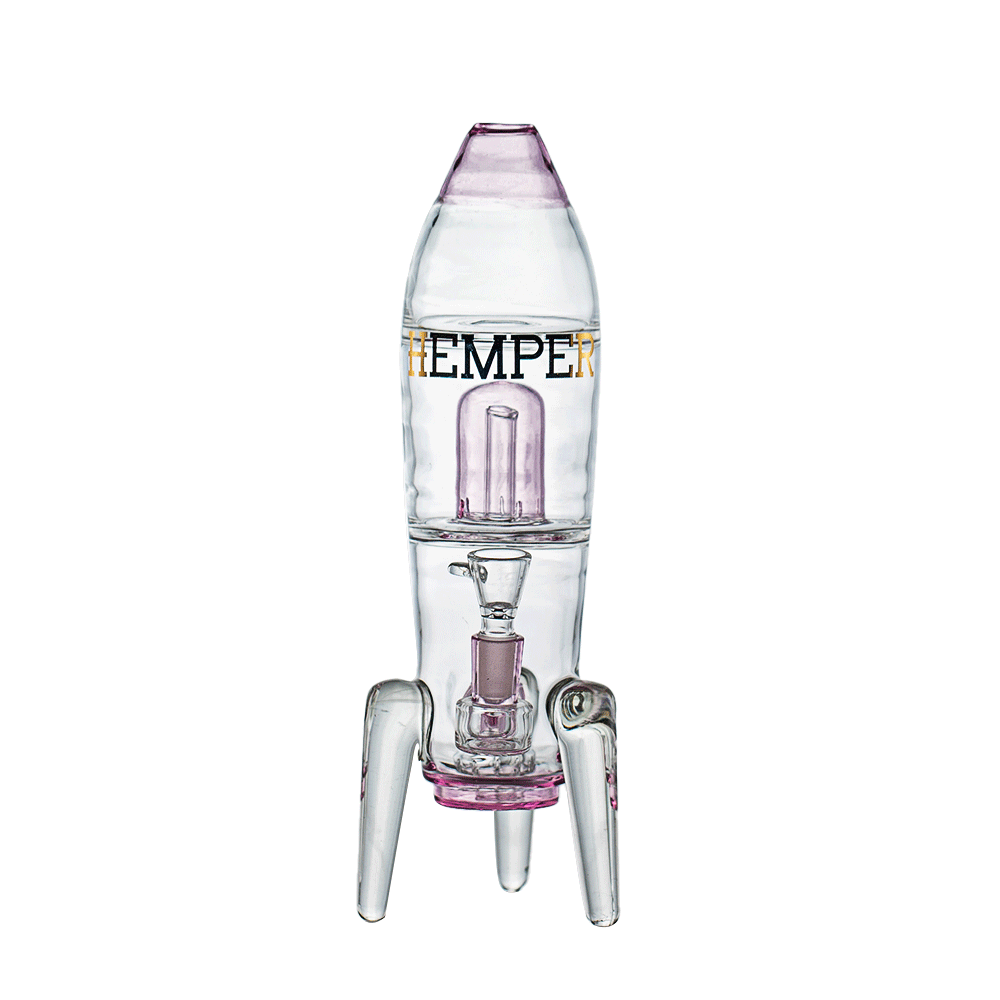 Center-frontal view of the clear glass Rocket Ship XL Bong with pink accents standing on three legs against a plain background.