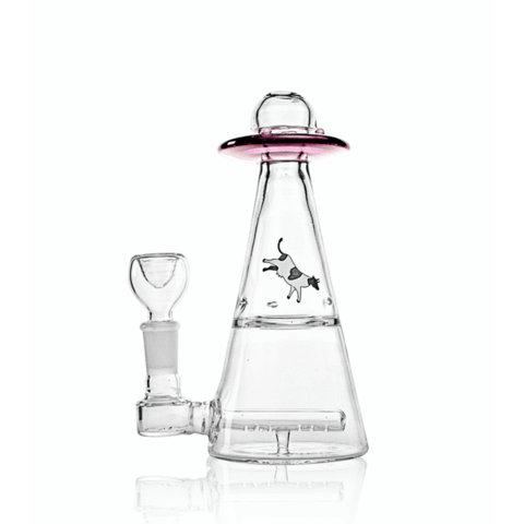 A three-quarter view of the UFO Vortex Rig, a clear glass rig with a unique, rounded base and a streamlined design.