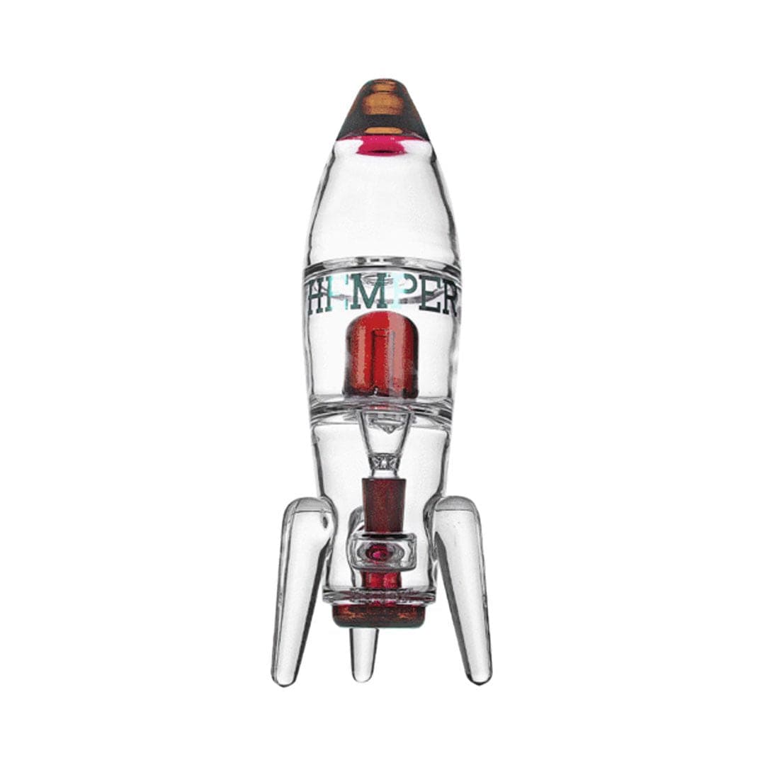 Center-frontal view of the clear Rocket Ship XL Bong shaped like a small rocket with red interior accents and three finned legs on a white background