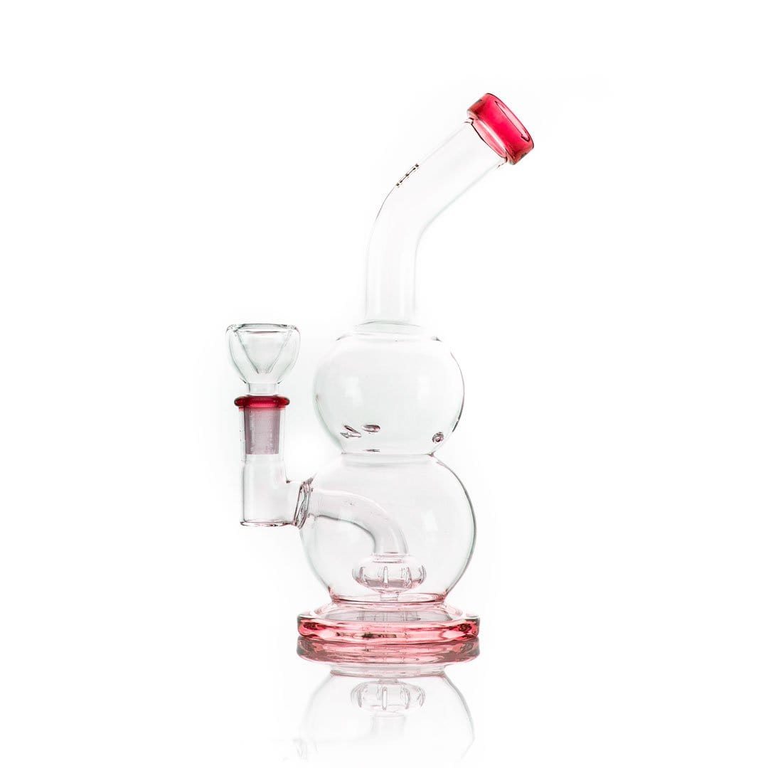 Front view of the Tornado Vortex Rig, a clear glass water pipe with a rounded base and unique swirling design.