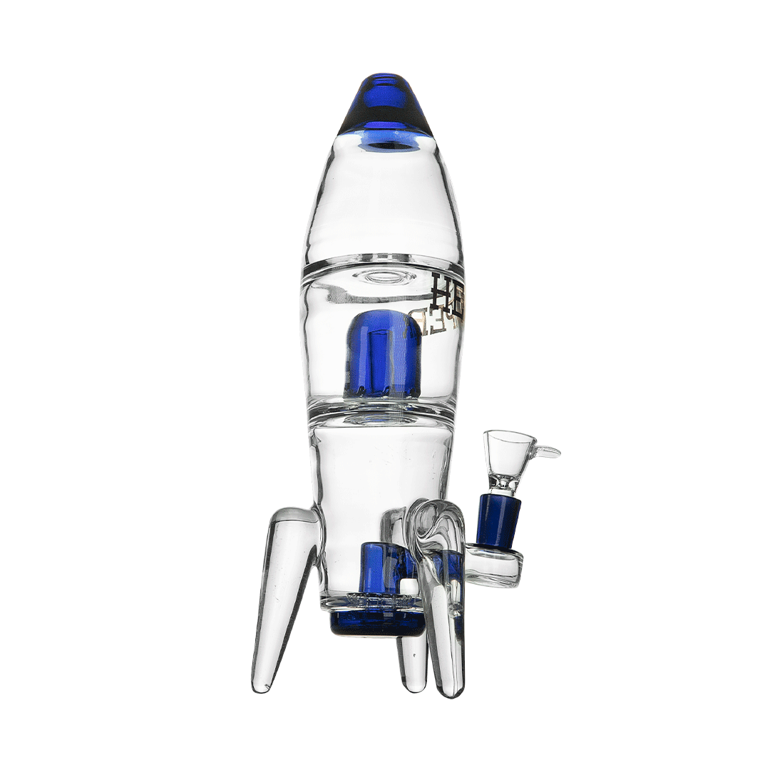 Front view of the clear glass Rocket Ship XL Bong with blue accents, standing on three angled legs against a white background.