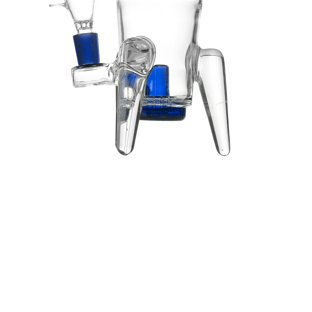 Close-up front view of the Rocket Ship XL Bong showing clear glass tripod legs and a blue-accented chamber against a white background