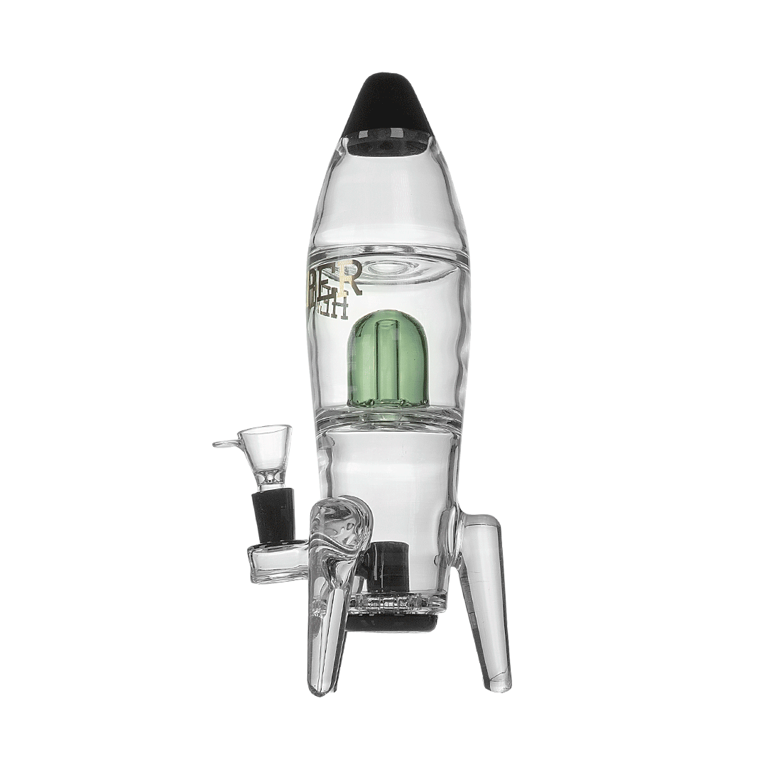 Front view of the Rocket Ship XL Bong showing its rocket-shaped clear glass body with a green inner chamber and three glass legs.