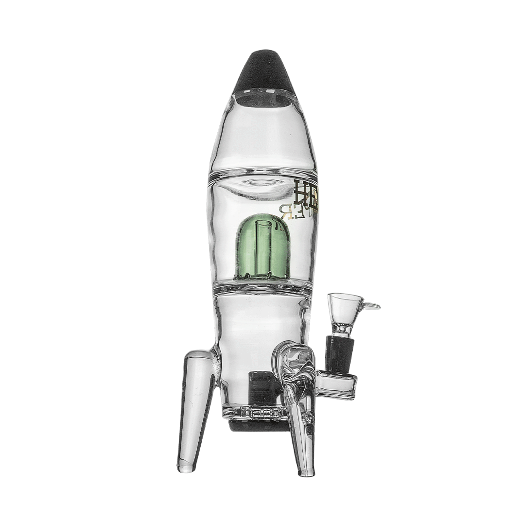 Centered front view of the Rocket Ship XL Bong, a clear glass rocket-shaped piece with black tip and legs and a visible green percolator chamber.