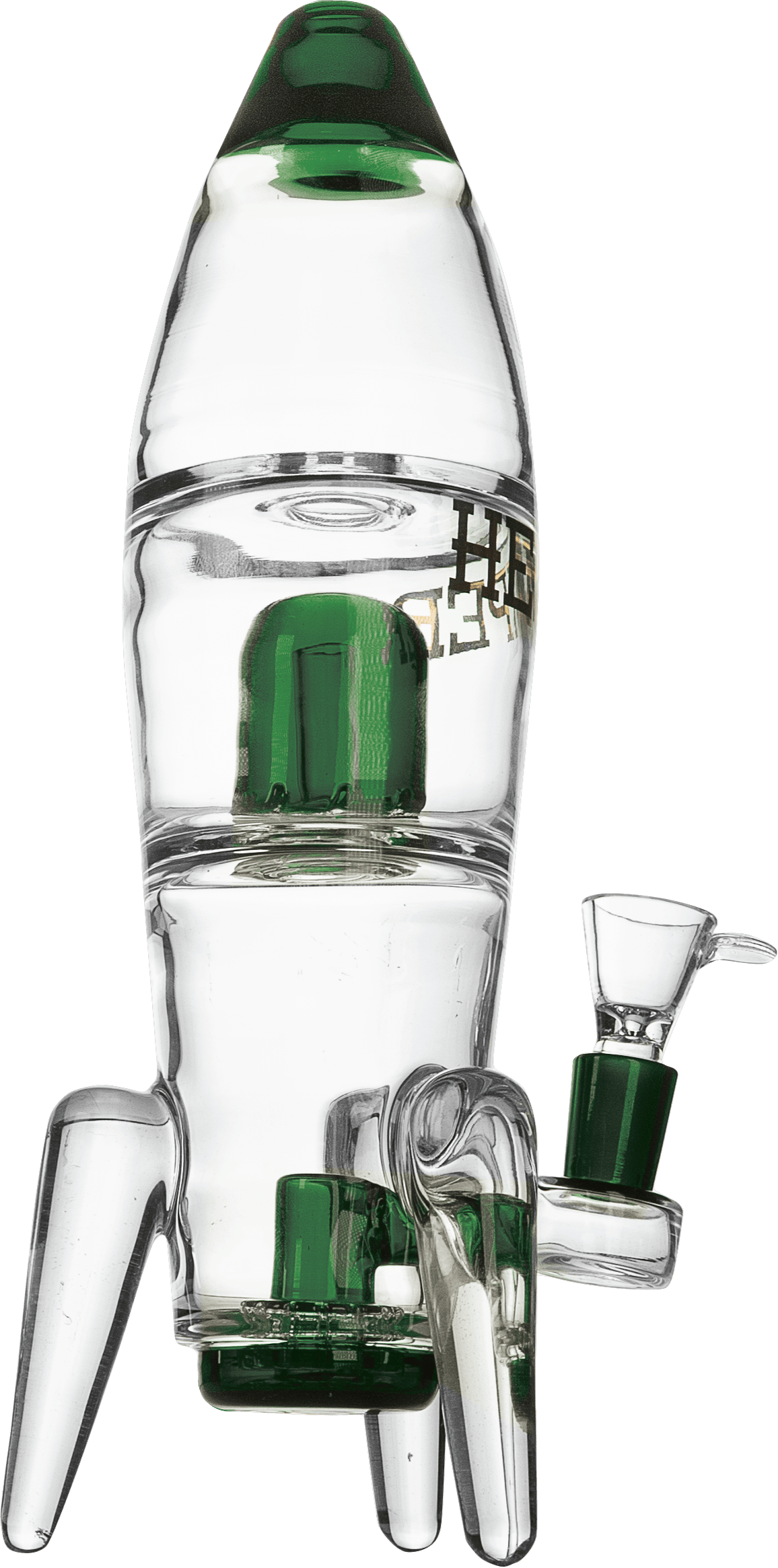 Tall front view of the Rocket Ship XL Bong showing clear glass rocket legs and green accents under studio lighting