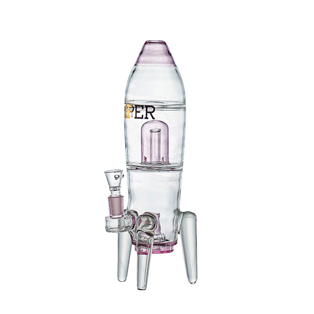 Front view of the Rocket Ship XL Bong, a clear glass rocket-shaped water pipe with pink accents, tripod legs, and visible percolator.