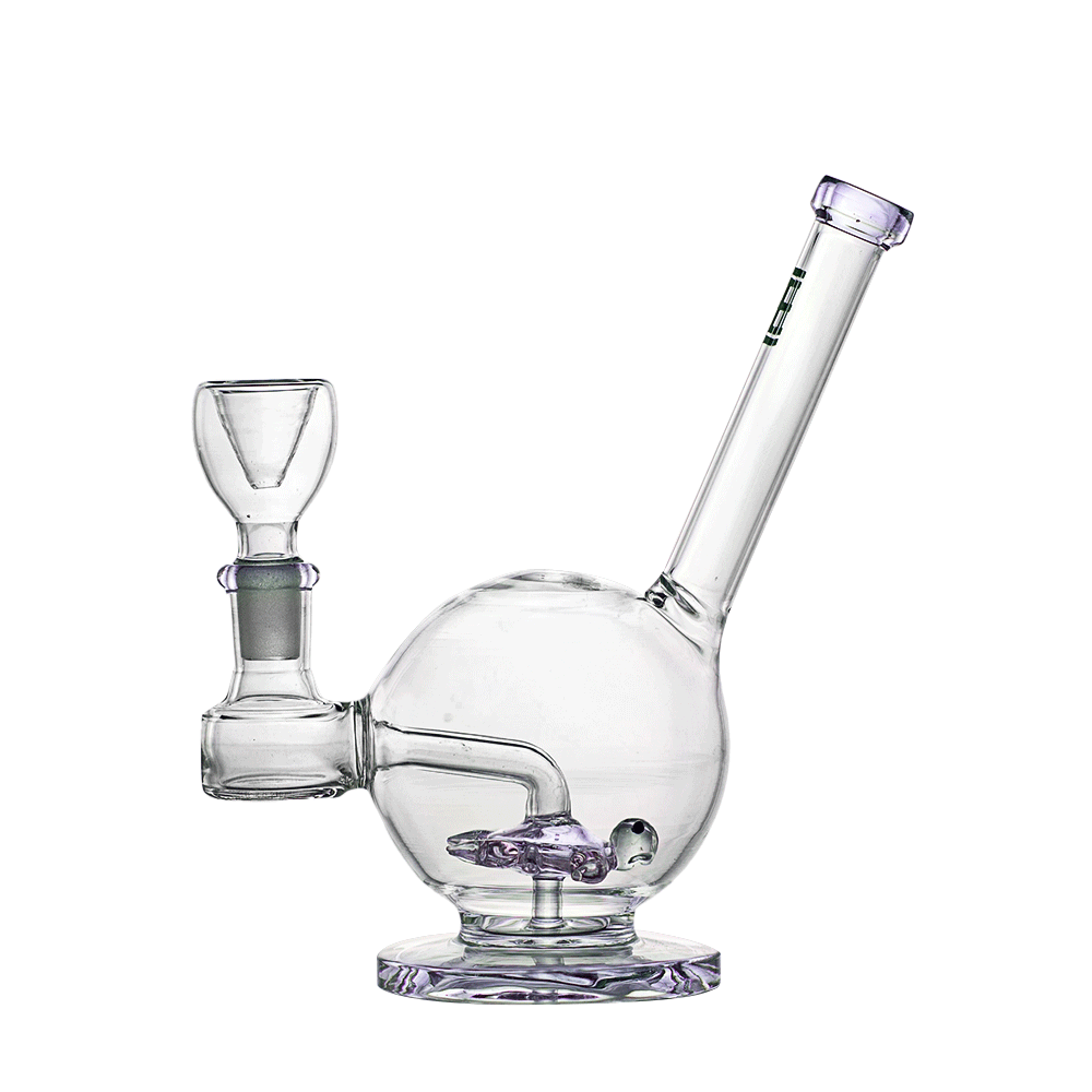 Front view of the Sea Turtle Bong, a clear glass water pipe with a rounded base and curved neck.