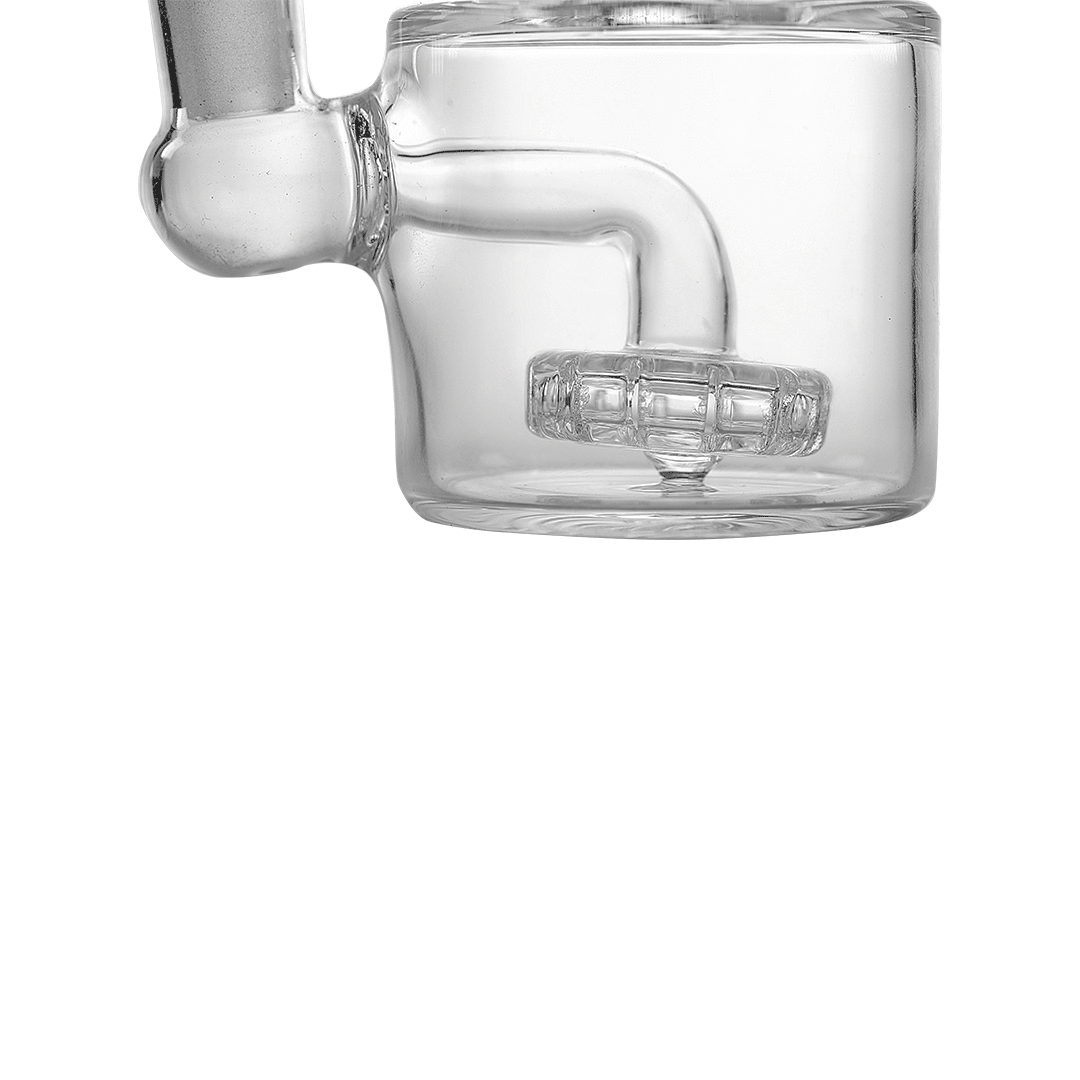 A close-up, angled view of the Showerhead Puck Rig, showcasing the clear glass construction and unique showerhead perc design.