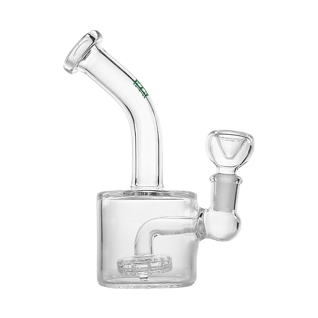 A three-quarter view of the Showerhead Puck Rig, a clear glass rig with a wide, circular showerhead perc diffuser.
