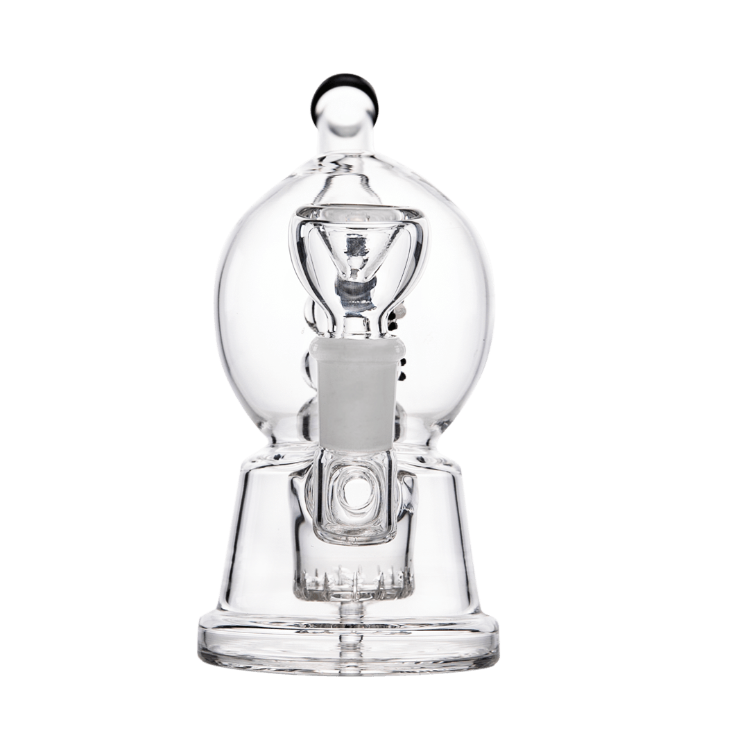 Front view of the Snow Globe Bong, a clear glass water pipe with a rounded base and simple design.