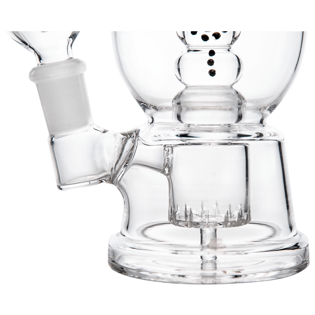 Front view of the Snow Globe Bong, a clear glass water pipe with a rounded base and intricate design.