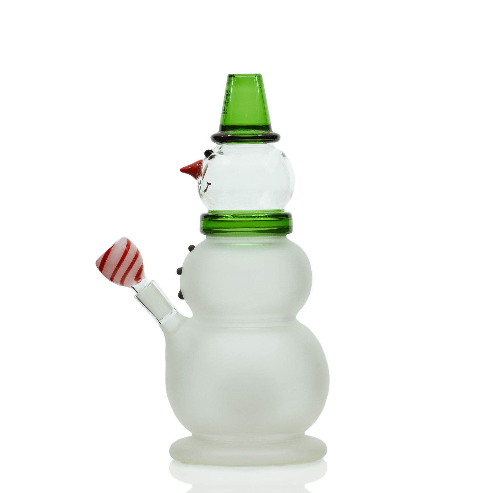 Front view of the Snowman XL Bong, a clear glass piece with a rounded base and green accent on the neck.