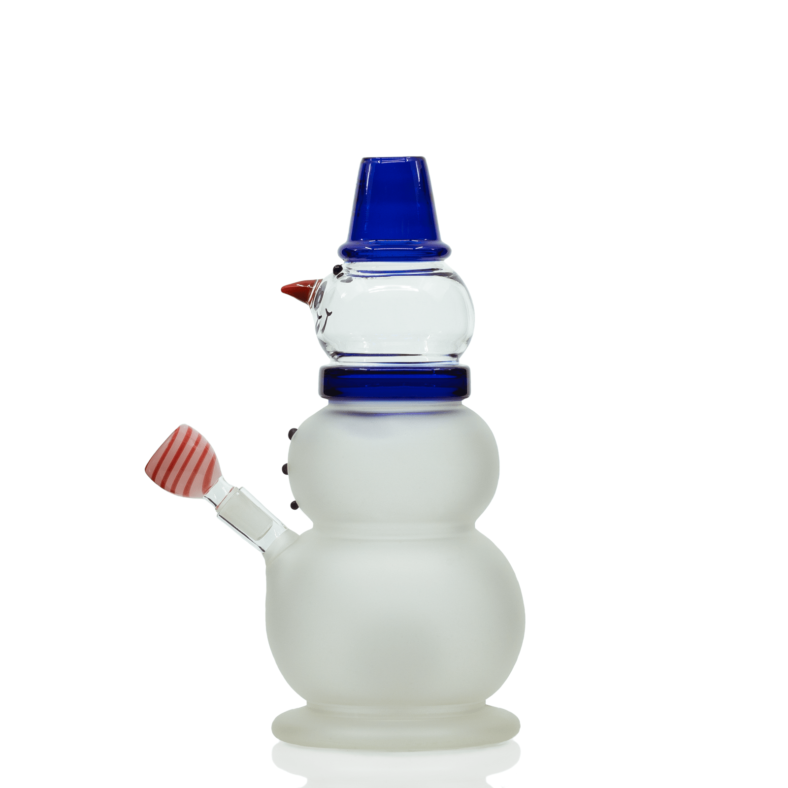 Front view of the Snowman XL Bong, a white glass piece with a blue accent and a detailed, sculpted design.