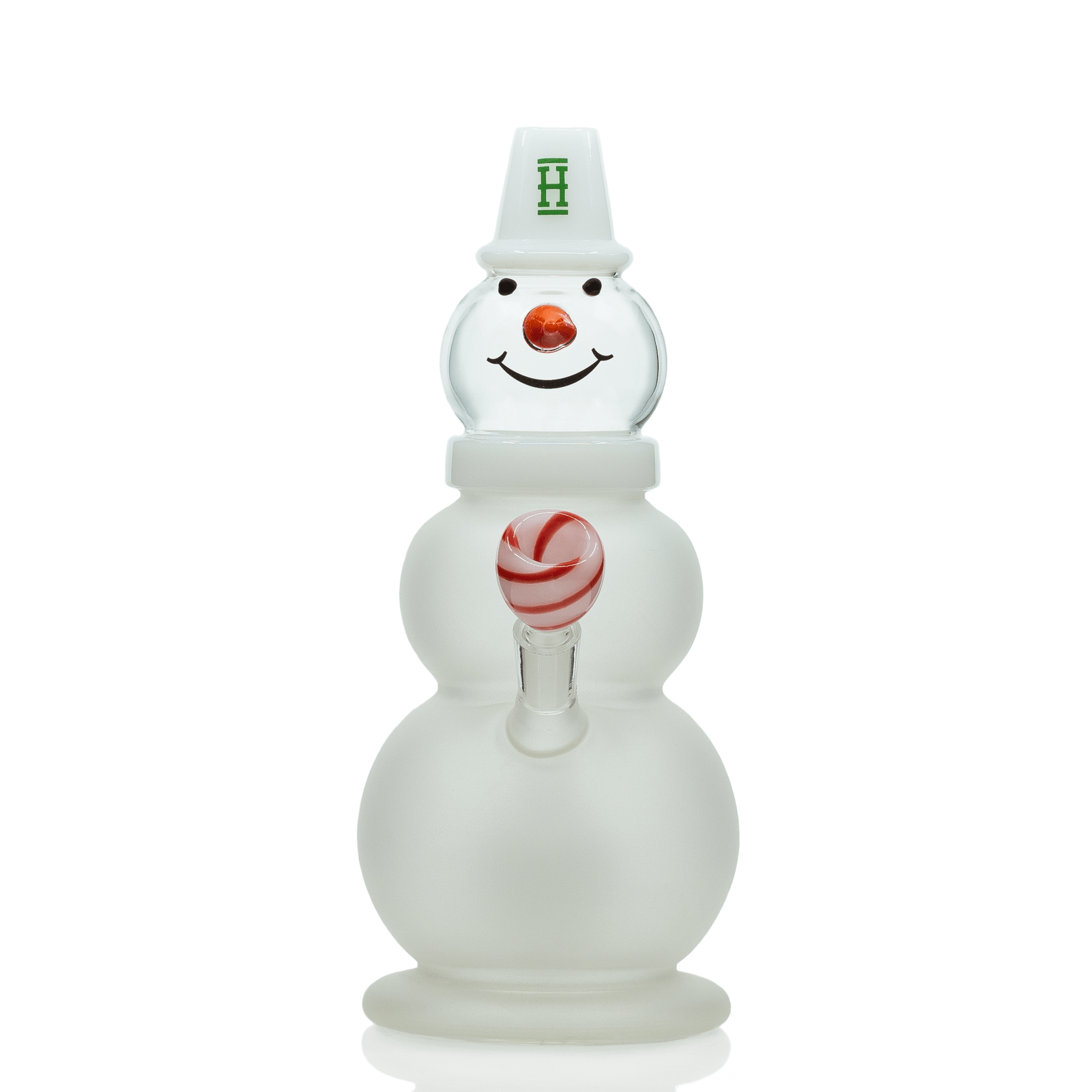 Front view of the Snowman XL Bong, a clear glass piece shaped like a snowman with a rounded base and smooth neck.