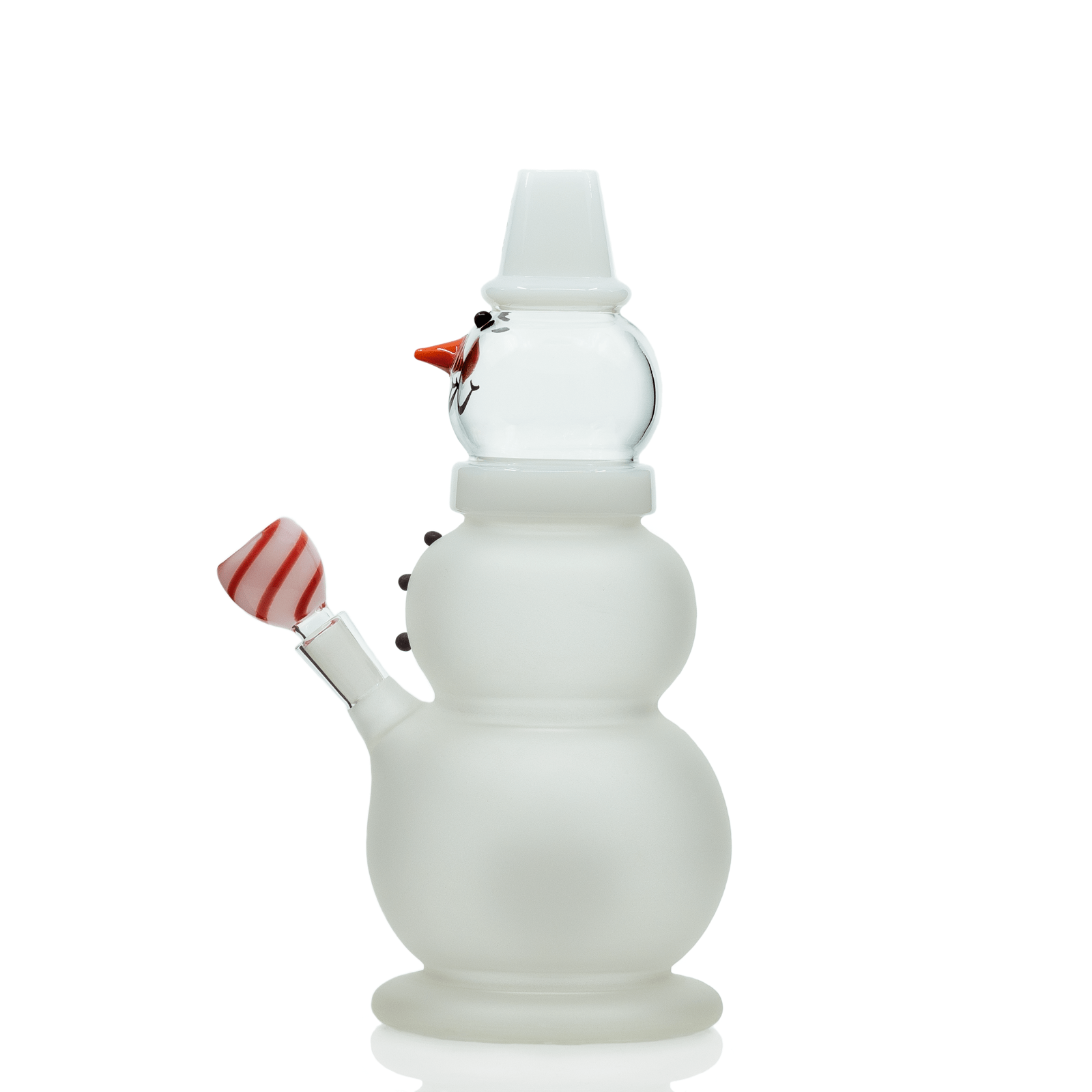 Front view of the Snowman XL Bong, a clear glass water pipe with a unique, sculptural form and rounded base.