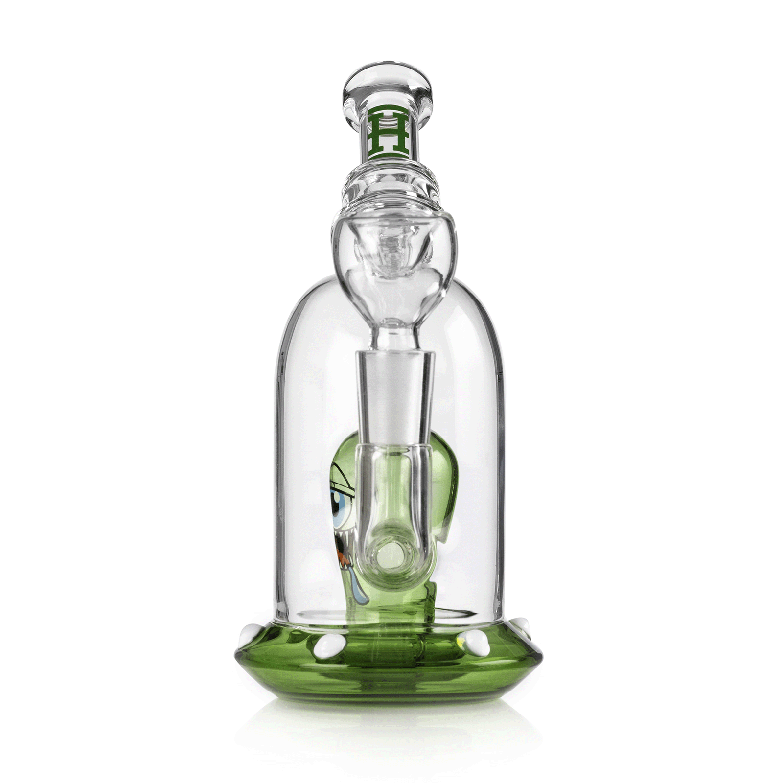 Front view of the Space Monster Bong 7" showing a clear glass neck and chamber with a green mushroom-shaped base and cartoon alien detail inside.