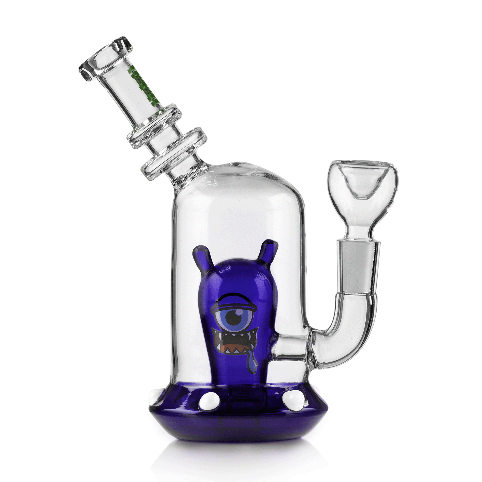 Three-quarter view of the clear glass Space Monster Bong 7" showing a blue monster percolator inside and its angled mouthpiece.