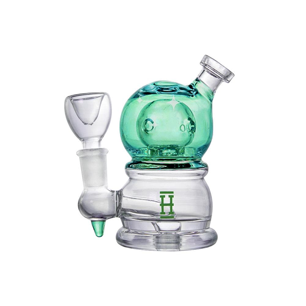 A front view of the Hemper Crystal Ball Rig, showcasing the clear glass sphere with a visible joint and stem.