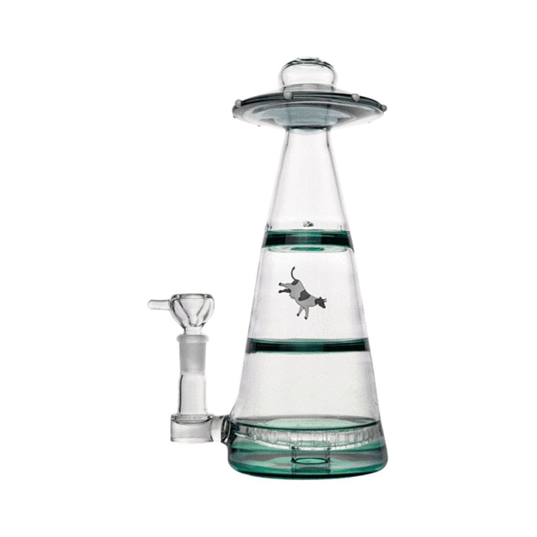Side view of the clear glass Mothership XL Bong with teal accent rings and a small cat decal against a white background.