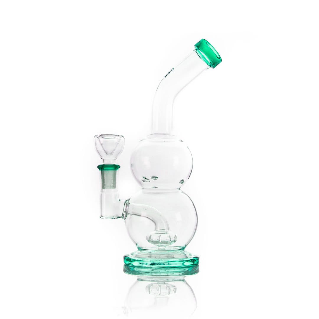 Front view of the Tornado Vortex Rig, a clear glass rig with a rounded base and a green mouthpiece.