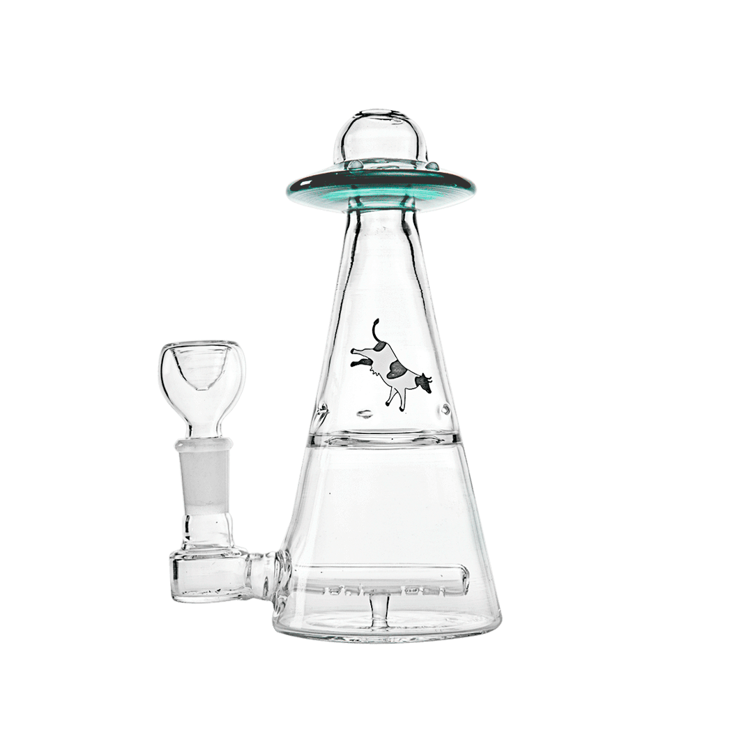 Front view of the UFO Vortex Rig, a clear glass rig with a vortex-shaped body and a smooth, rounded base.