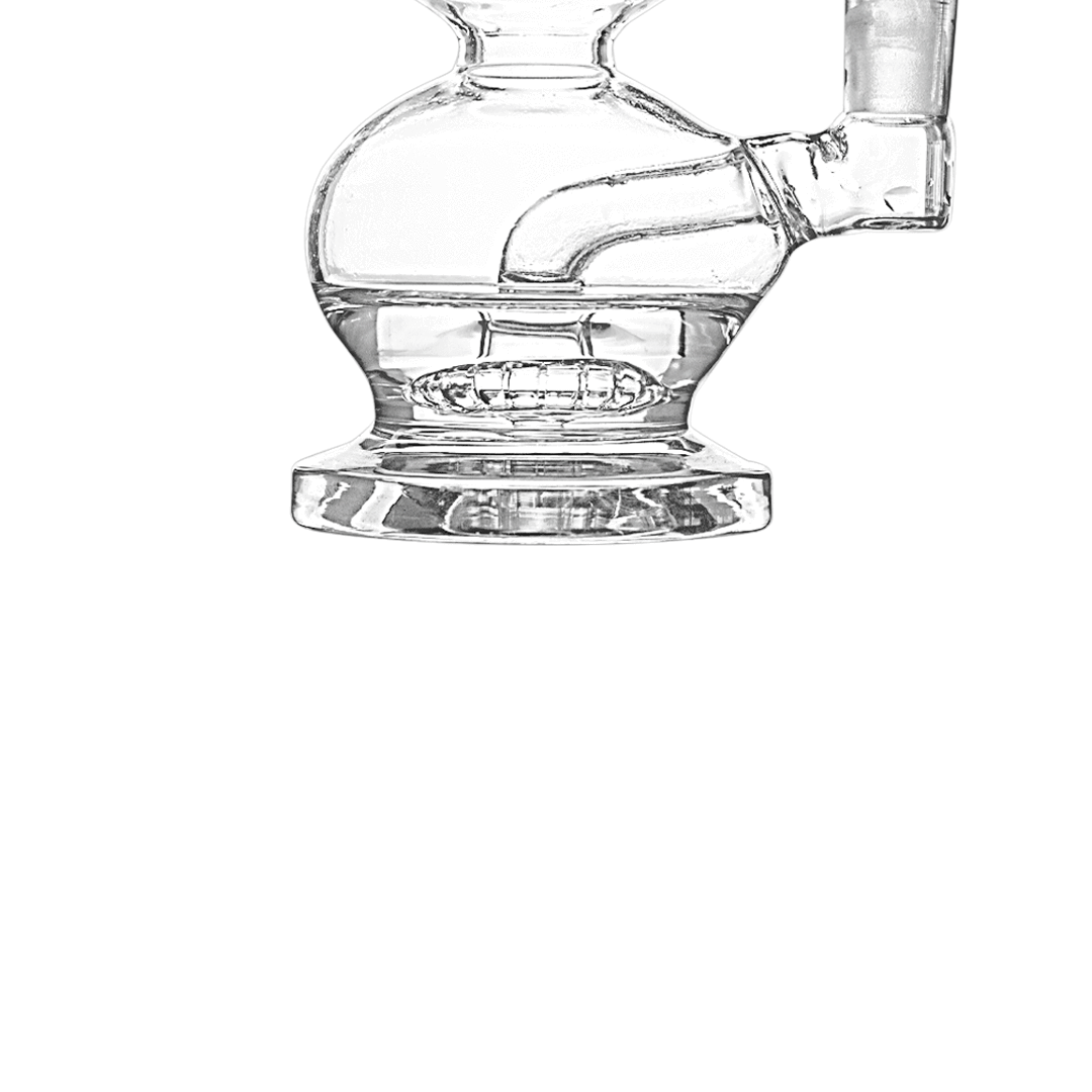A front view of the Tornado Vortex Rig, featuring a clear glass construction with a unique swirling design.