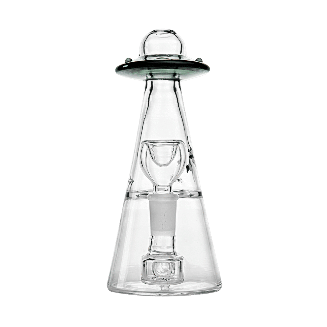 Front view of the UFO Vortex Rig, a clear glass rig with a unique, circular design and visible joint.