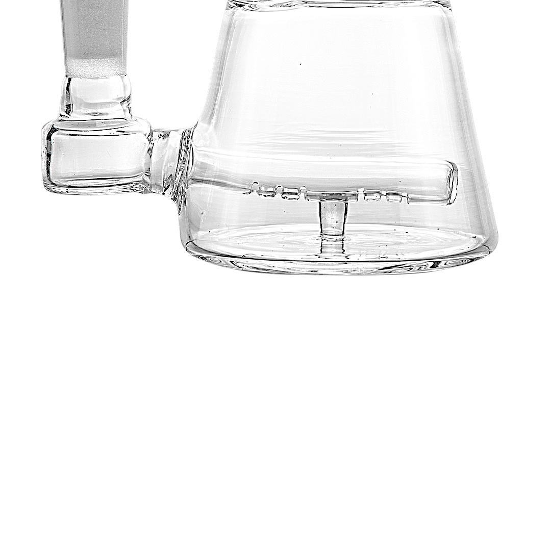 A detailed side view of the UFO Vortex Rig, showing the clear glass construction and unique curved design.