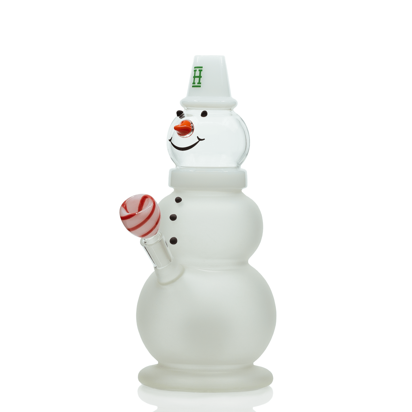 Front view of the Snowman XL Bong, a clear glass water pipe shaped like a snowman with a rounded base.