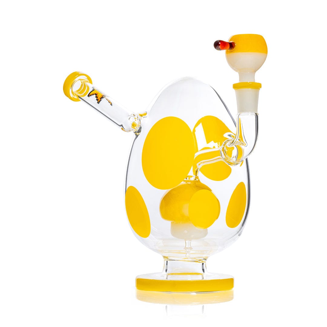 Front-facing view of the Hemper Spotted Egg XL Bong with yellow polka dots and matching yellow-rimmed mouthpiece against a white background