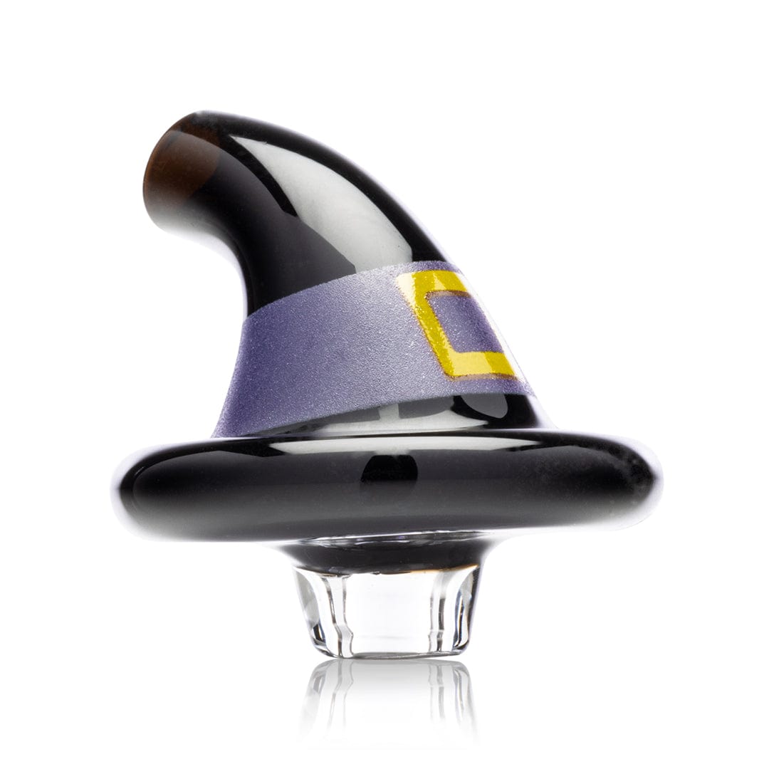 A slightly angled studio shot of the Witch's Hat Carb Cap, showcasing its smooth, dark glass construction.