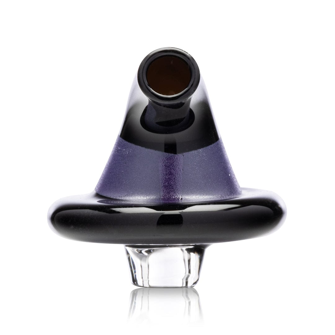 A close-up, angled view of the Witch's Hat Carb Cap, showcasing its reflective, purple-tinted glass surface.