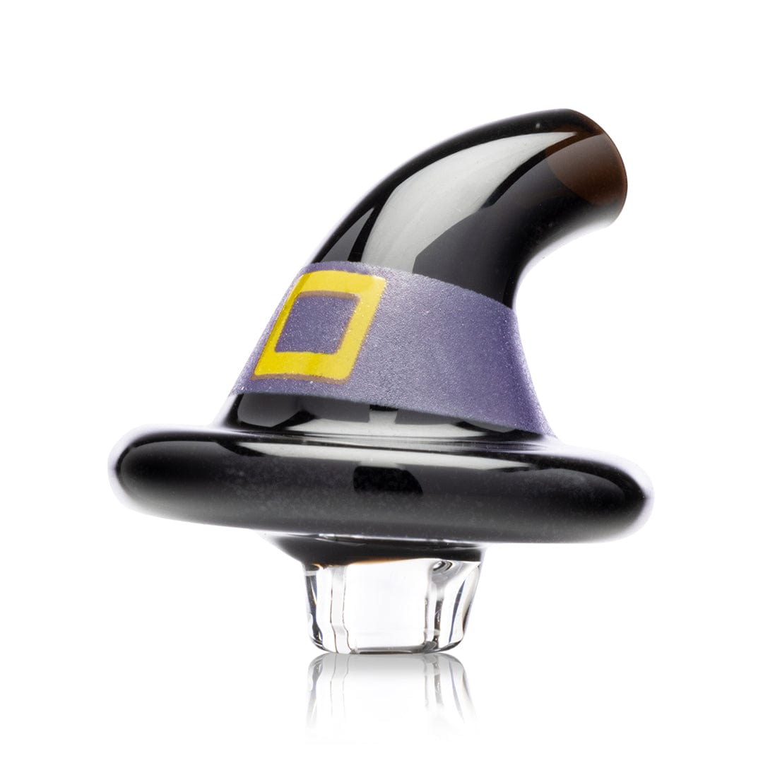 The Witch's Hat Carb Cap is displayed in a close-up, angled shot, showcasing its polished, dark glass construction.