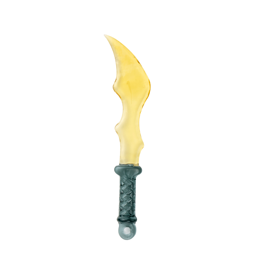A slightly angled view of the Sultan's Dabber Glass Dab Tool, featuring a clear, curved glass tip and textured black handle.