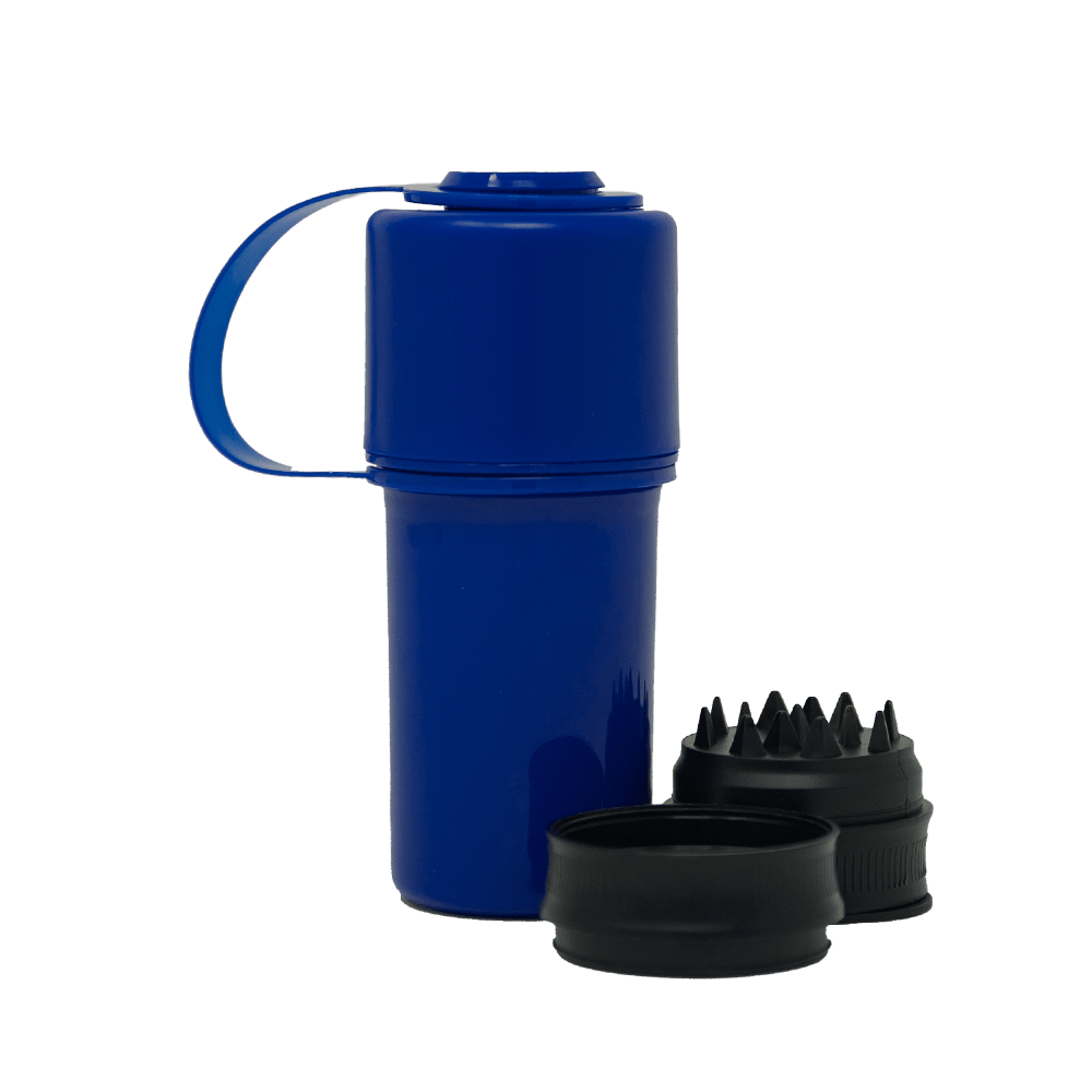 Front view of The Keeper™ By Hemper, a blue silicone container with a removable lid and visible stacked interior pieces.