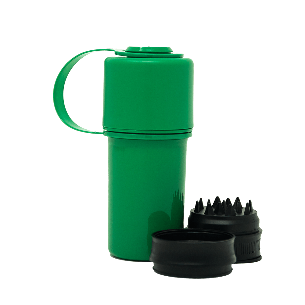Front view of The Keeper™ By Hemper, a black, cylindrical container with a translucent, ridged top.