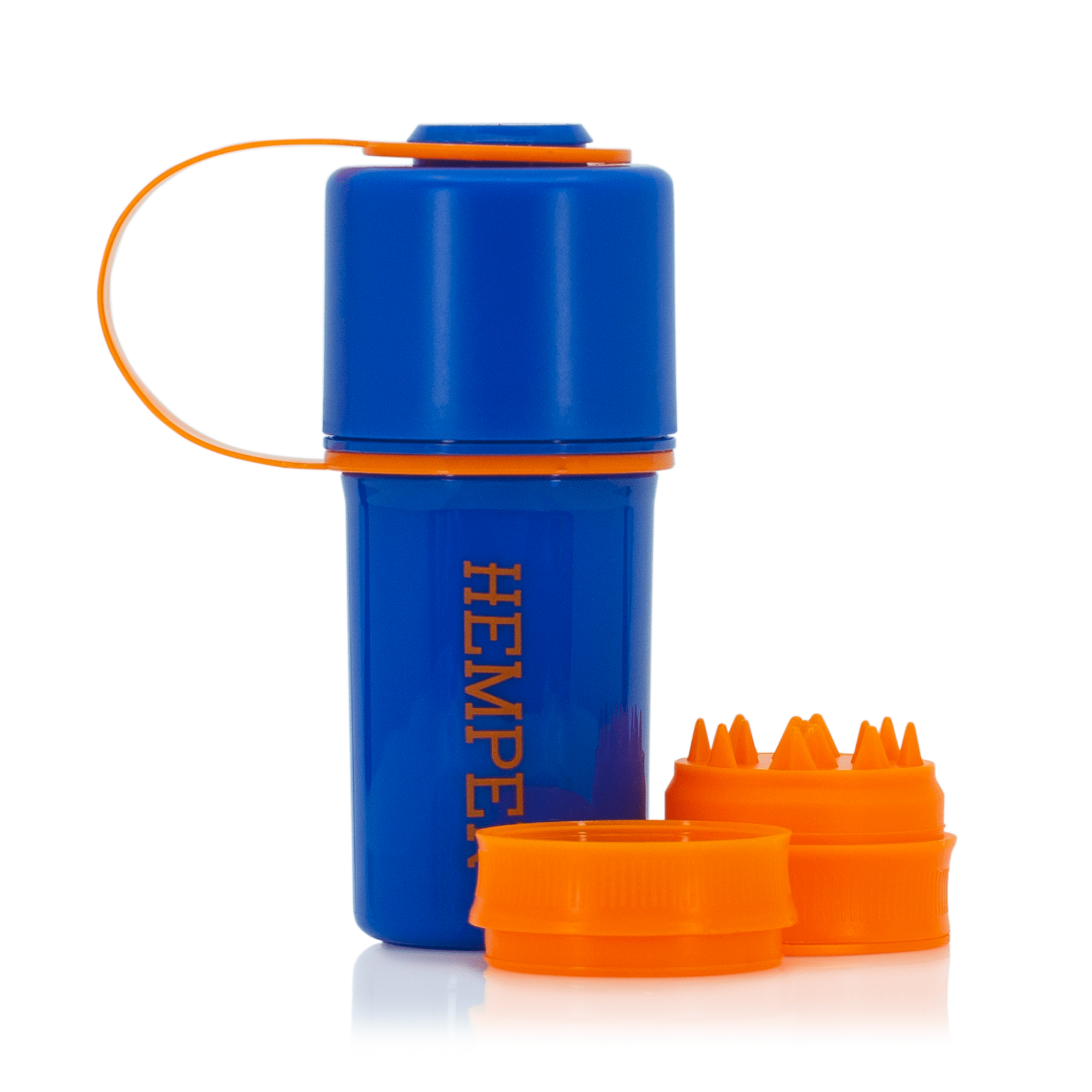 Front view of The Keeper™ By Hemper, a blue silicone sleeve protecting a glass piece, positioned on a white surface.